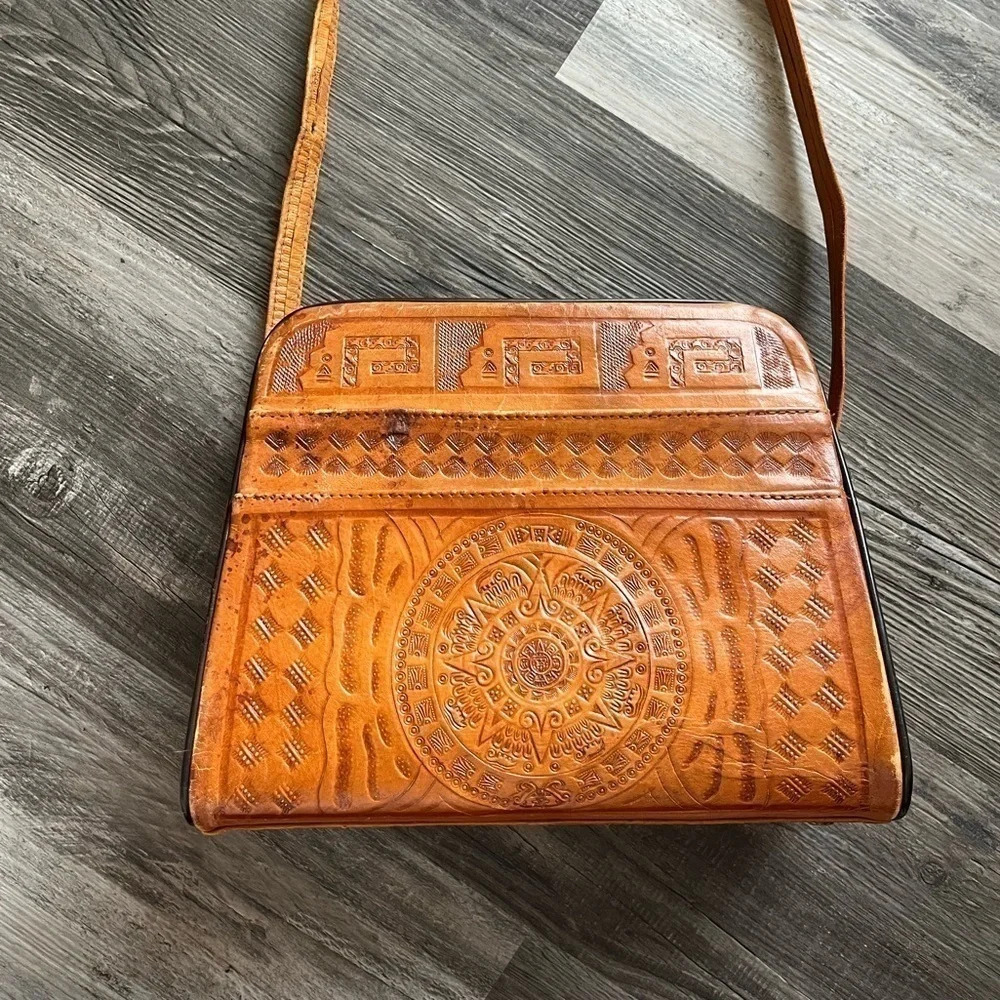 Hand-Tooled Leather Crossbody Bag in Cognac Brown